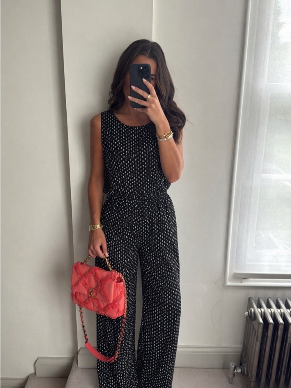 MONK & LOU BLACK PRINTED WIDE LEG JUMPSUIT SIZE L